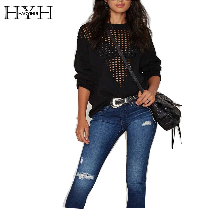 HYH HAOYIHUI Brand New Autumn or Winter Women Fashion Deep V Sexy Hollow Loose Batwing Pullover Black XXL XL L S M Sweater - Цвет: Black