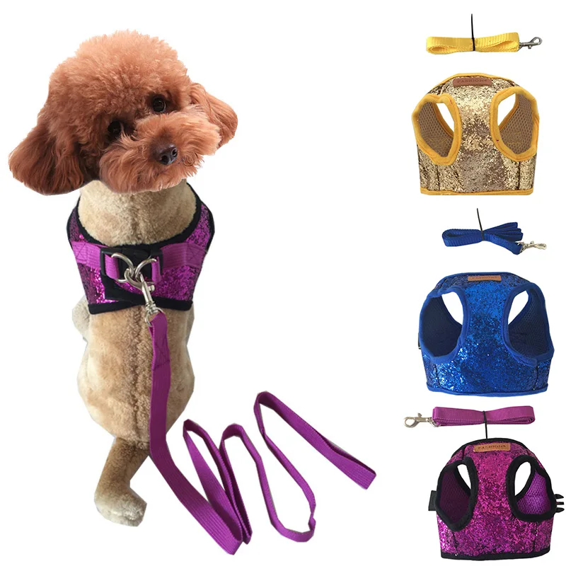 

Fashion sequins out pet puppy cat vest harnesses tow rope small pet chest chest straps carrying pet party decoration supplies