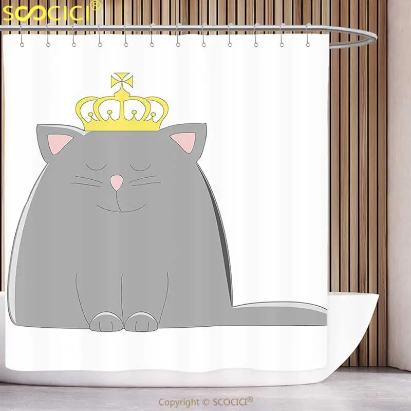 

Stylish Shower Curtain Cartoon Charcoal Grey Colored Cat with King Queen Magestic Crown Kids Artwork Print Grey and Golden