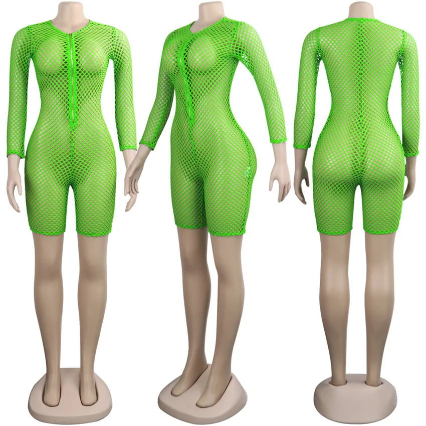 Сексуальная клубная неоновая зеленая, сетчатая, прозрачная, облегающая, цельная пляжная одежда, комбинезоны, женские, спереди, на молнии