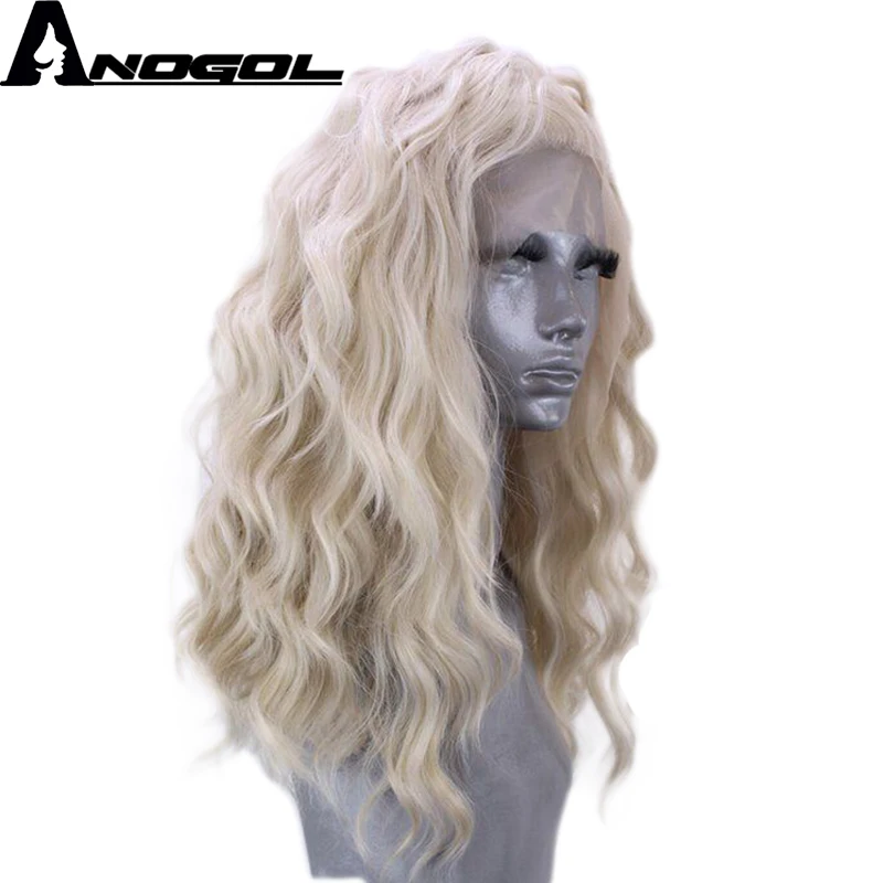 

Anogol High Temperature Fiber Peruca Free Part Long Body Wave Blonde Synthetic Lace Front Wig For Women Costume Halloween Party