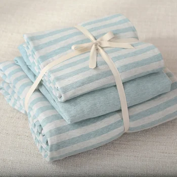 

4pcs 100% Cotton Soft warm jersey knitted fabric light blue stripe quilt cover set