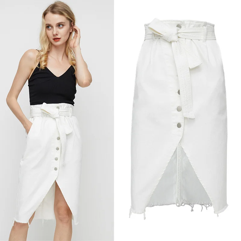 

LOGAMI High Waist Irregular Split Midi Denim Skirts Womens Summer Autumn Knee Length Pencil Skirt OL Skirt With Sashes White