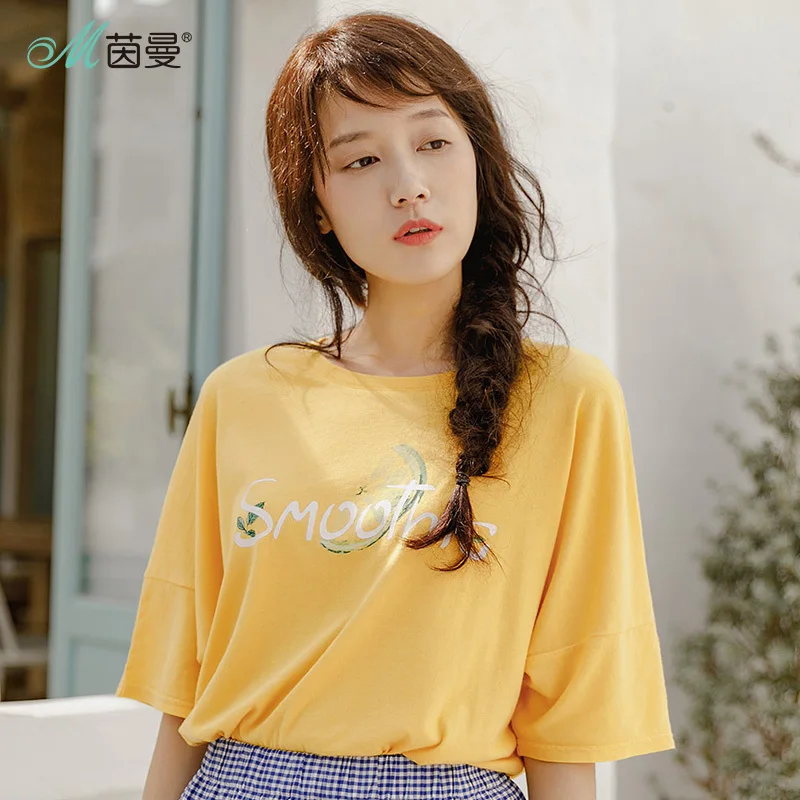

INMAN Short-sleeved T-shirt 2019 Summer New Modal Round Neck Light Yellow Loose Art Printed T-shirt