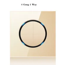 Golden Switch galss Panel Household 4 Gang 1 Way Glass Mirror Wall Switch 86*86mm Random Click On / Off Light Switch With LED