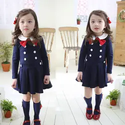 Весна Новые Детские's Костюмы институт ветер с длинными рукавами платье двубортное платье для девочек
