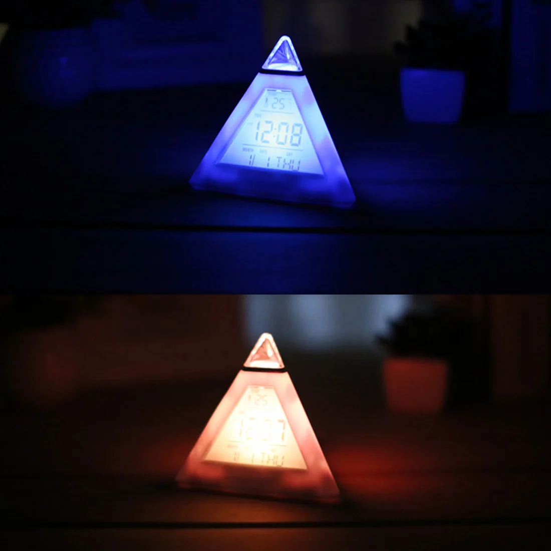 

LED Change Backlight LED Alarm Clock Creative Fashion Temperature Clock 7 Colors Pyramid Digital Clock