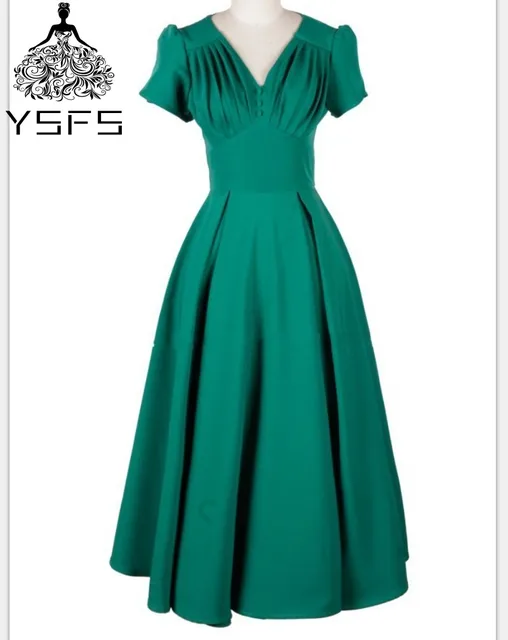 50s Vintage Hepburn Style Celebrity Simple Bust Shirred V Neck Party 50s Vintage Hepburn Style Celebrity Simple Bust Shirred V Neck Party Dress Empire Waist Green
