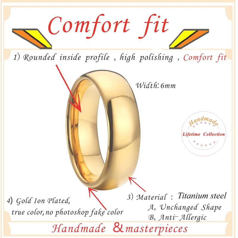 Wedding Band Titanium Ring men Classic 6mm High quality Gold Color Fashion Jewelry Finger Rings for women