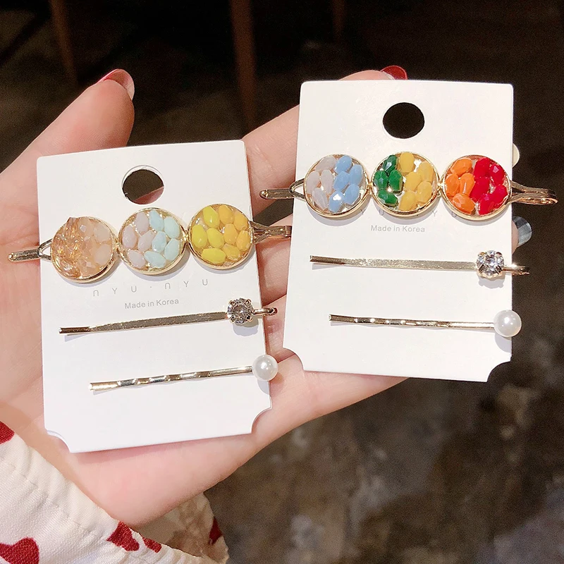 

M MISM 3Pcs/Pack for Women Korean Round Crystal Rainbow Pearl Female Girls Hair Clips Headbands Lady Barrettes Hair Accessories