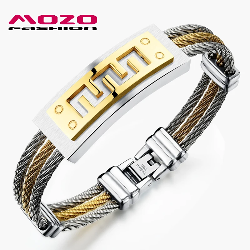 

MOZO FASHION Men's Popular Jewelry Three Layer Wire Rope Bracelet Golden / Silver Stainless Steel Great Wall Punk Bangles MGH784