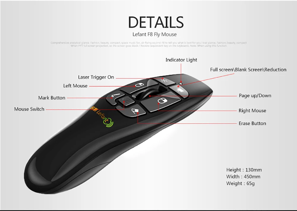 Lefant F8 2,4 ГГц Беспроводной Ведущий дистанционного Управление кликер с красная лазерная указка колесо прокрутки для презентации PPT