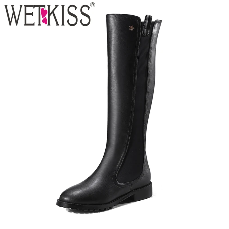

WETKISS 2018 Designer Shoes Women Knee Boots Patchwork Slip on Winter Boots Short Plush Chunky Heels Casual Woman Boots 33-43