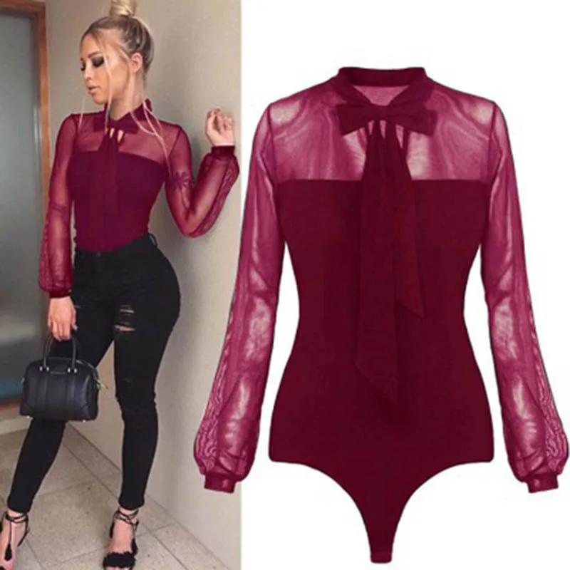 

New 2019 Summer Bodysuit Women Sexy Bow Black Mock Neck Patchwork Long Sleeve Back Ladies Lace Mesh Bodysuit Transparent Tops