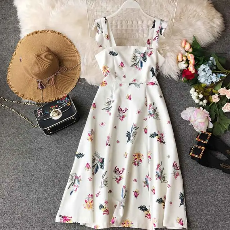 

Women Sweet Flower Print Dress Ruffles Sleeveless Elegant Summer Square Neck Beach Dresses Spaghetti Strap Vestidos