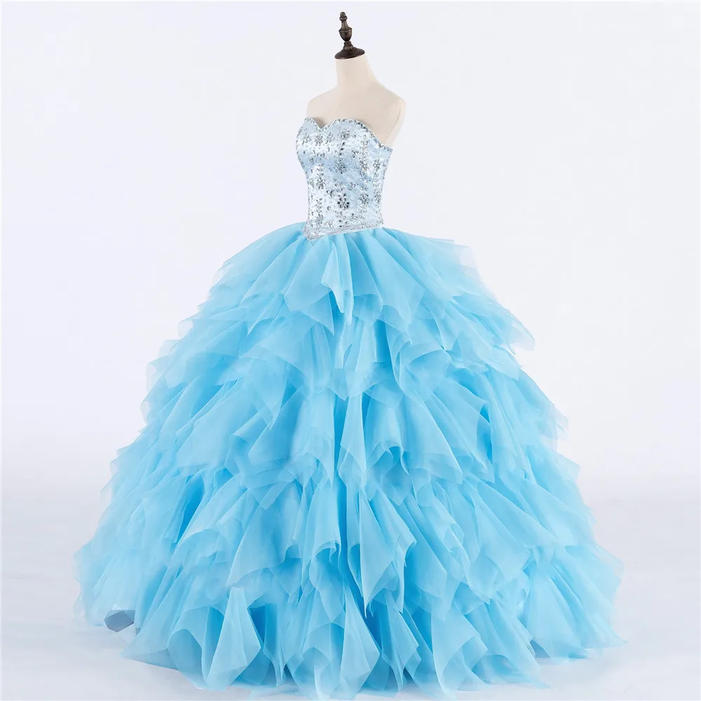 Небесно голубые бальные платья Quinceanera милое платье с оборками тюлевые бисерные