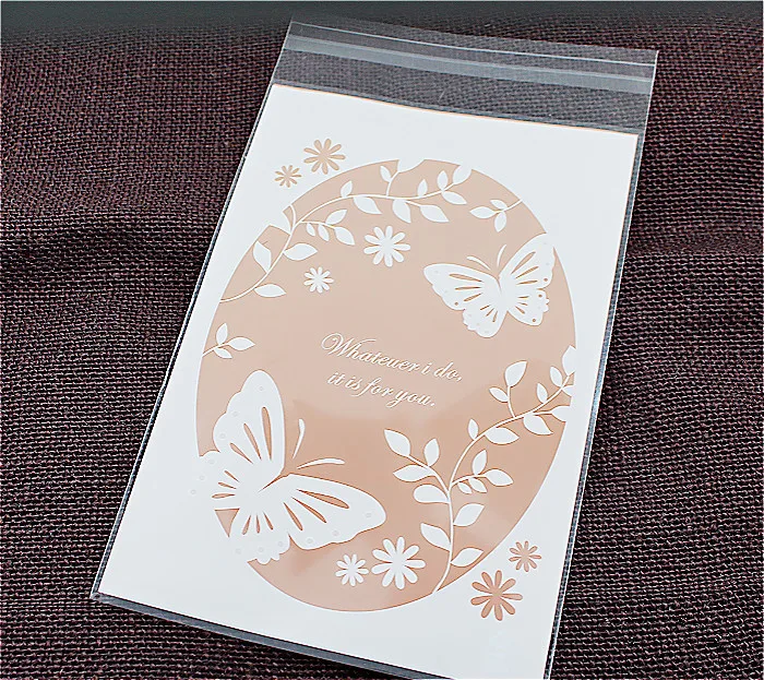 

100pcs/lot Pink butterfly Plastic cookie packaging bags cupcake wrapper self adhesive bags 13x19cm free shipping