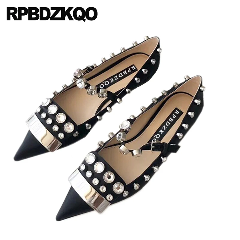 

crystal black stud satin rhinestone designer shoes women luxury 2019 silk metal mary jane rivet diamond flats pointed toe dress