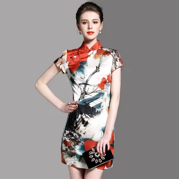 

Chinese Style 2020 Women Summer Fashion Slim Mandarin Collar Short Sleeve Print Elegant Qipao Dress Female Print Charming Dress