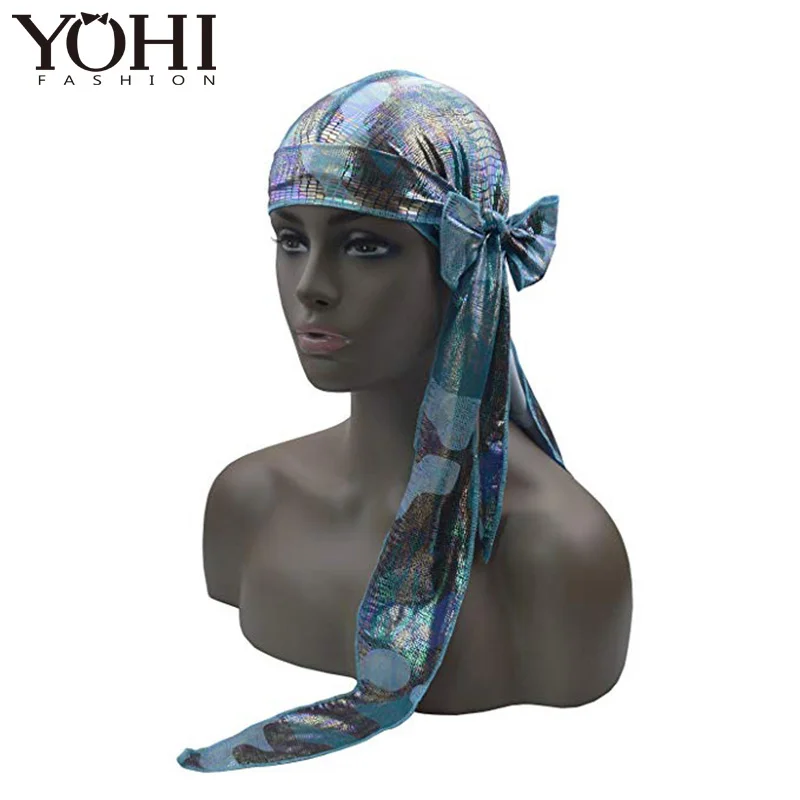 

2018 New fashion Shiny Durags Turban Bandanas Headwear Men Silk DuRag Doo Rag chemo cap Pirate Hat hair accessories