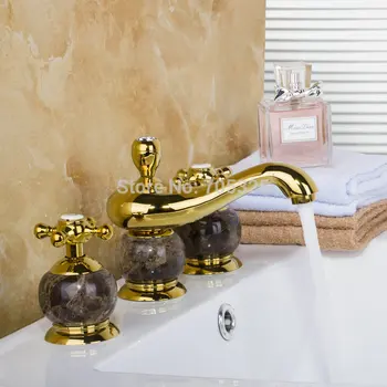 

Torayvino Bathroom 3 Pcs Ceramic Handle Brass Golden Deck Mount Dual Handles Bathroom Bathtub Kitchen Basin Sink Tap 98007