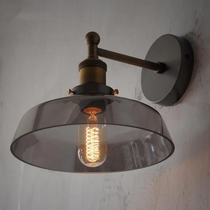 

American vintage smoke glass shade wall lamp loft style bedside hotel wall light retro iron industrial bedroom lighting fixtures