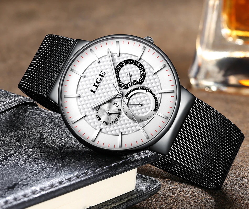 LIGE мужские спортивные кварцевые часы с имитацией даты Мужские часы из нержавеющей стали водонепроницаемые мужские часы Relogio+ коробка