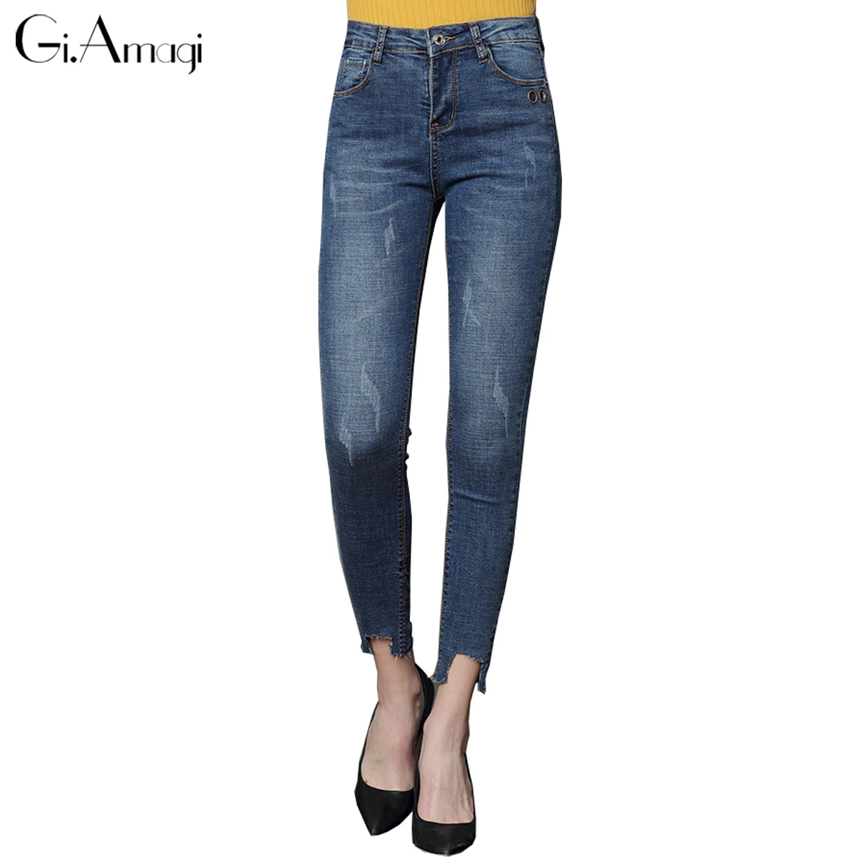 Jeans Women Blue Jeans Casual Pants Ragged High Waist Wash Extreme Scuffs Jeans For Women Spring Stretch Cut Pants For Girls