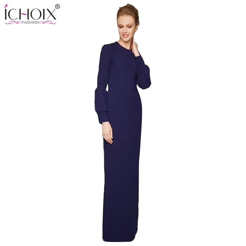 ICHOIX, женские длинные вечерние платья, рукав-фонарик, завышенная талия, зимние платья, женские винтажные, длина до пола, черное, макси платье, элегантное - Цвет: dark blue