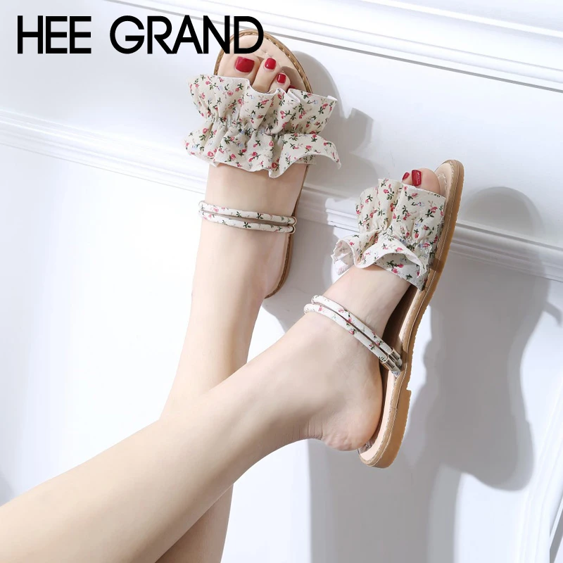 

HEE GRAND Ruffles 2018 Summer Slippers Women Shoes Slip On Soft Beach Slides Outside Solid Creepers Flats XWD6822