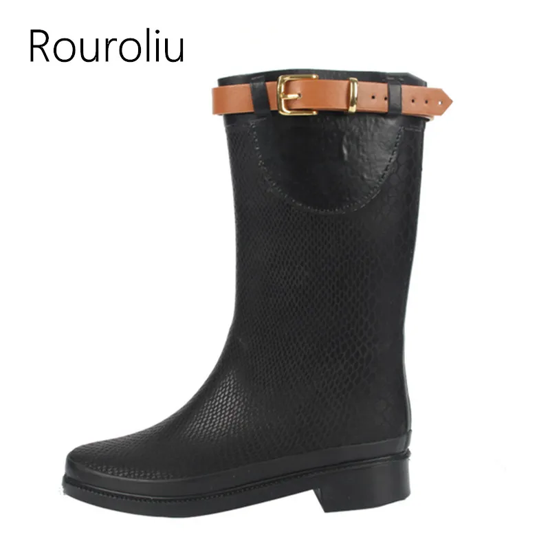 

Rouroliu Women Belt Buckle Mid-calf Rain Boots Waterproof Fabric Water Shoes Woman Non-Slip Wellies Dress Boots RB12