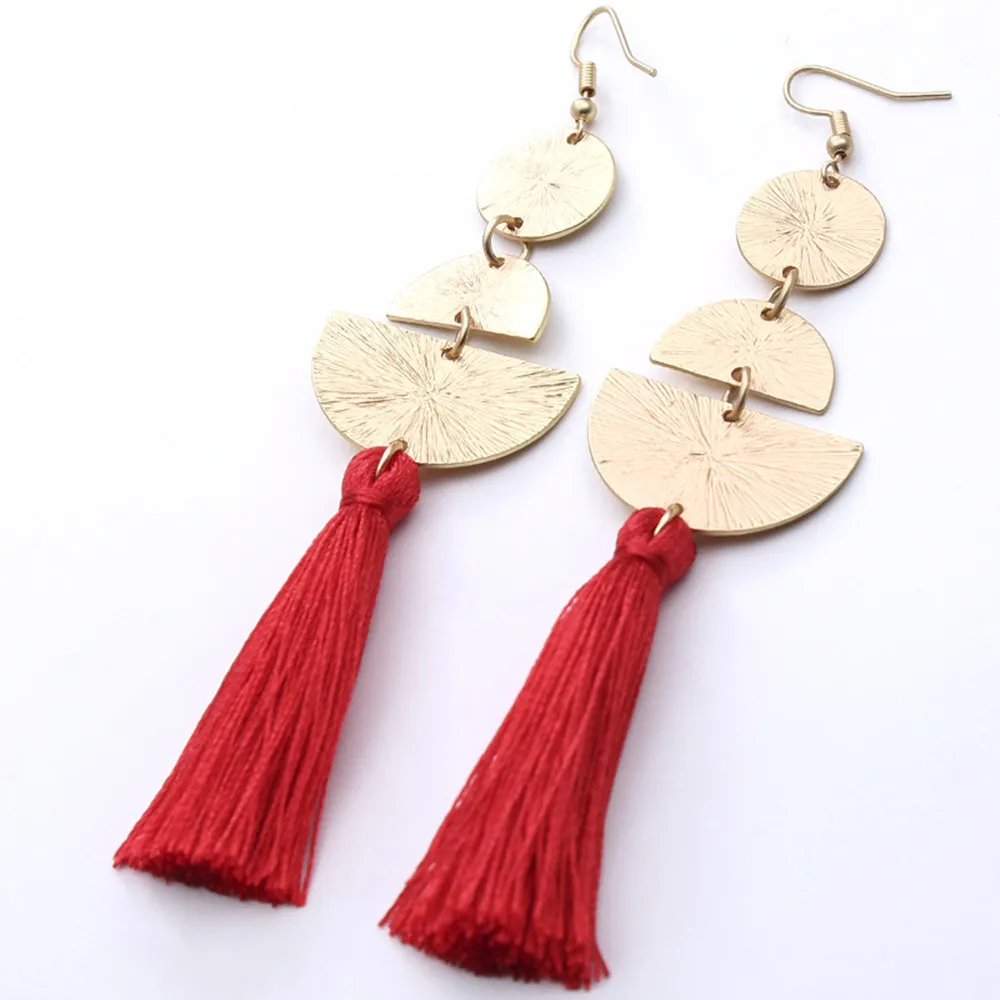 

2019 fashion bohemian style passion red big tassel big geometric metal piece earrings simple charm women jewelry gift