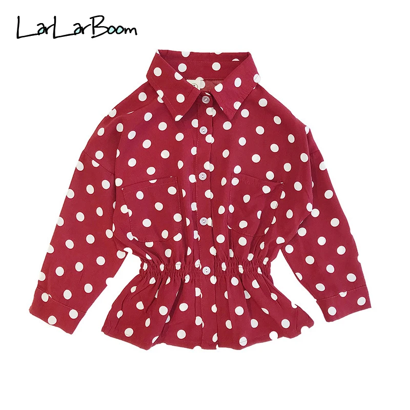 

LarLarBoom Fashion Girls Blouses 2019 New Spring Autumn Polka Dot Pattern Kids Top Fitted Waist Ruffles Long Sleeve Shirts