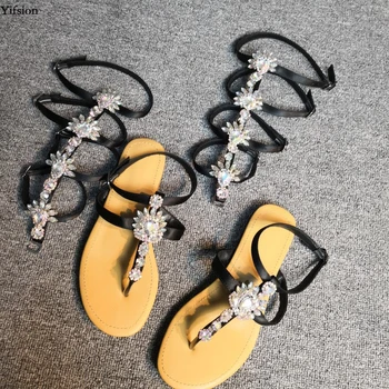 

Olomm New Women Gladiator Sandals Sexy Rhinestone Flat With Bohemia Sandals Open Toe Black Dress Shoes Women US Plus Size 5-15