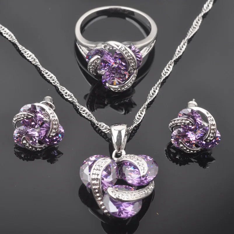 Свадебные украшения фиолетовый кубический циркон для женщин штампованные набор украшений из серебра 925-й пробы Кулон Ожерелье Серьги Кольца QZ0175