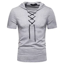 Лето Новая мужская мода короткий рукав воротник ремень Лето Новая Мужская Высокое качество Повседневная ребра манжеты с капюшоном короткий рукав