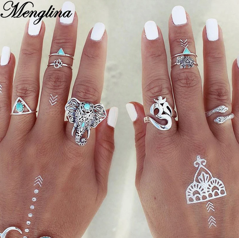 

Fashion Punk Style Vintage Metal Snake Elephant Triangle Ring Set with Blue Resin Blue Stone Arrow Jewelry Rings for Women 0321