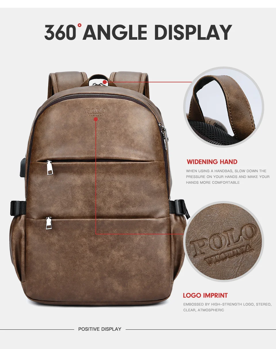 VICUNA POLO, кожаный водонепроницаемый высококачественный мужской школьный рюкзак в студенческом стиле, сумка для ноутбука с usb зарядкой, деловой рюкзак для мужчин