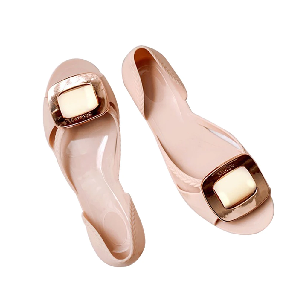 

Women Jelly Shoes Classic Metal Square Buckle Round Toe Slip On Flats Dress Casual Daily Beach Summer Sandals