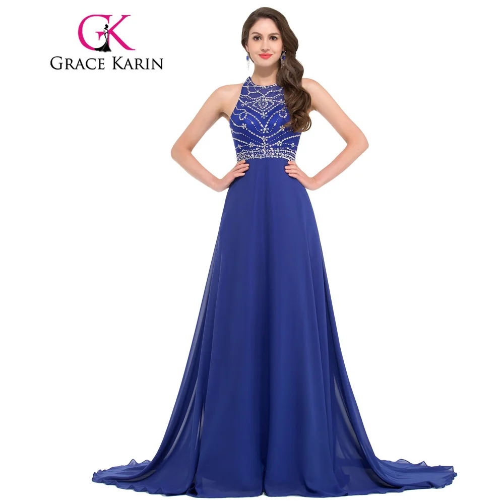 Buy Cheap Grace Karin Evening Dress Long Chiffon Royal Blue Formal Party Gowns Vestido Festa Backless Bead Dinner Special Occasion Dress