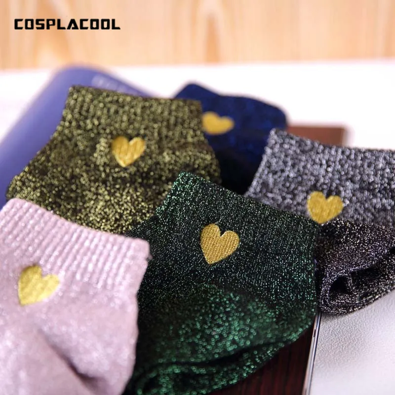 [COSPLACOOL] блестящие носки с вышивкой в виде сердца женские модные серебристые, золотые шелковые цветные блестящие носки Calcetines Mujer