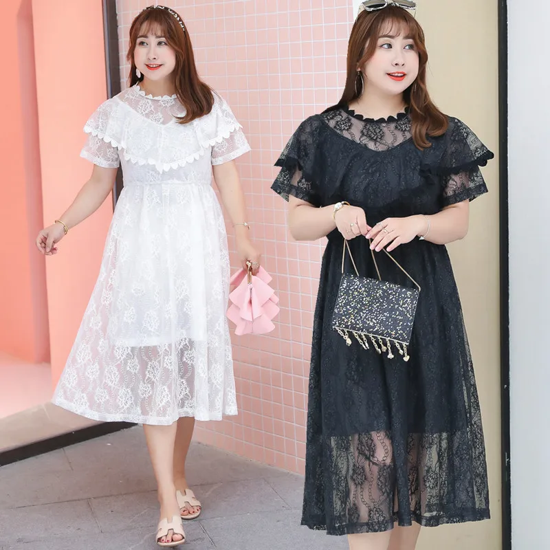 Women's summer new large size women's lace dress sweet lotus leaf female dress fat MM wild fashion women's clothing