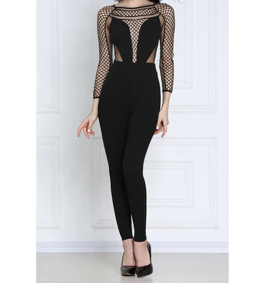 Style No. P050 long sleeve cut out sexy black jumpsuitssexy black