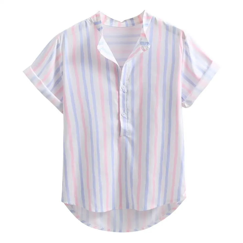 

Men's Colorful Stripe Summer Short Sleeve Loose Buttons Casual Shirt Blouse chemise Summer Baggy Solid Cotton Linen
