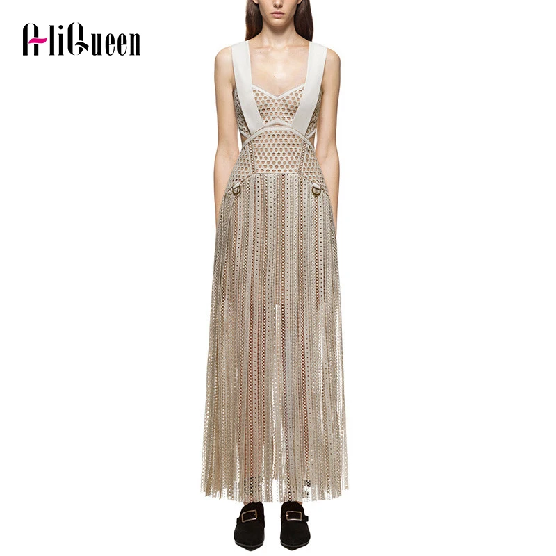 

High Quality 2019 Self Portrait Lace Patchwork Tassels High Split Strap Women Dress Strapless Hollow Out Fashion Sexy Long Dress