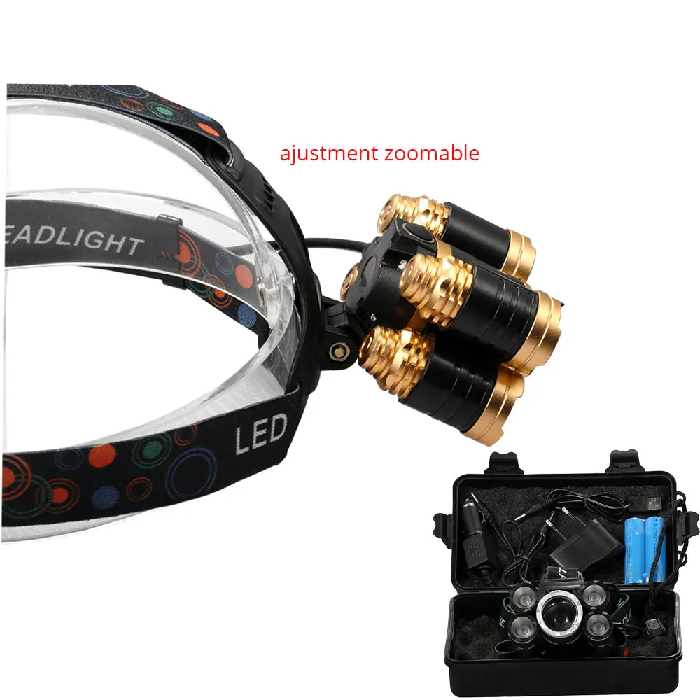 

5* T6 Headlight 40000Lums Zoomable focus Headlamp Rechargeable flashlight Head lamp By 2*18650 Battery 2018 newest