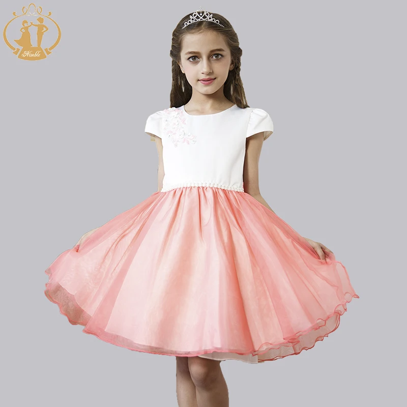 Summer Autumn Girls Clothes Vestidos Short Sleeves Appliques Flowers Bow Pearls Girl Dress for Birthday Party