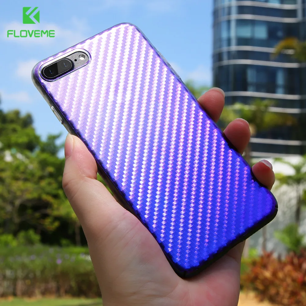 Best 2017 New FLOVEME Carbon Fiber Blue Ray Case for iPhone 7 7 plus Case for iPhone 6 6s plus Gradient Color Clear Cases Cover Capa