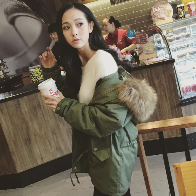 Best price at $125 Cheap Ltime-limited 2015 Real Fur Big Collar Thick Green Lamb Cotton Frock Coat Medium Long Womens Winter Jackets Parka Plus Size