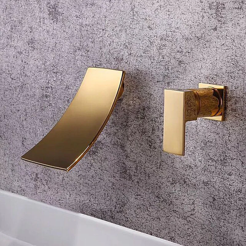 

Wall Mounted Waterfall Bathroom Basin Widespread Faucet Single Handle Sink Mixer Tap Hot Cold Chrome/Golden